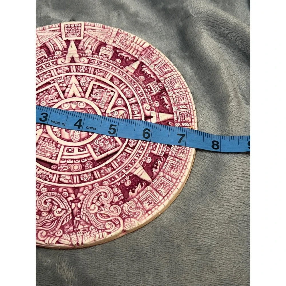 Vintage Aztec Mayan Calendar Wall Plaque Pink Resin Mesoamerican Sun Stone Decor